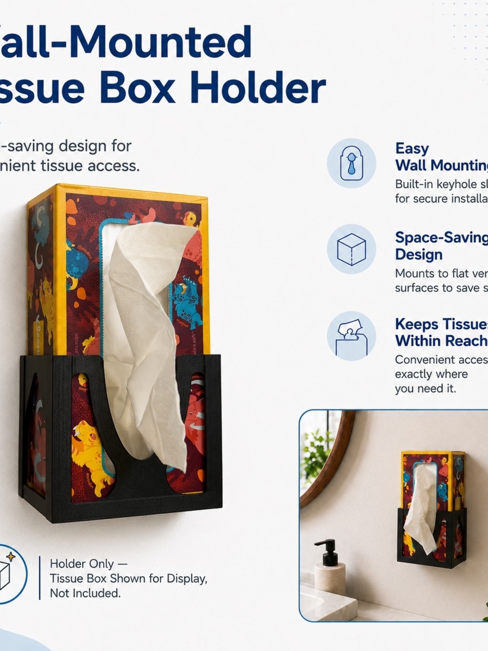 Regular Size Wall-Mounted Tissue  Holder for Brand Specific Tissues 120-160 ct